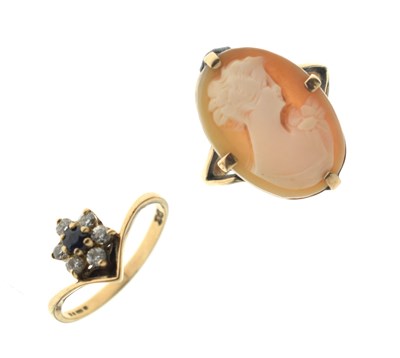 Lot 43 - Sapphire and white stone 9ct gold dress ring and a cameo ring
