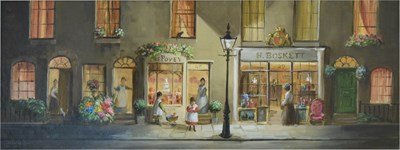 Lot 505 - Deborah Jones (1921-2012) - Oil on board - 'Mrs Povey and H Boskett' street scene
