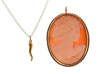 Lot 67 - Shell cameo yellow metal pendant/brooch, and a yellow metal pendant necklace (2)