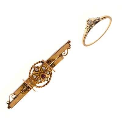 Lot 65 - Late Victorian seed pearl and red stone 9ct yellow gold brooch, and a diamond yellow metal ring (2)