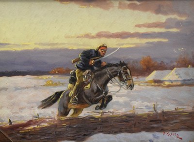 Lot 369 - 'F. Kalety' - oil on board - cavalryman or soldier on horseback riding through a snowy field