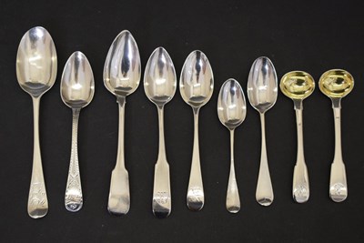 Lot 188 - George III silver rat tailed teaspoon, a pair of part gilded salt spoons, etc