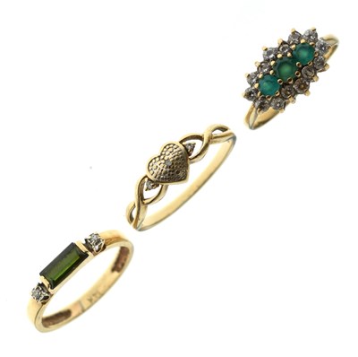 Lot 38 - Tourmaline and diamond dress ring, together with two 9ct gold dress rings (3)