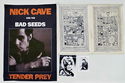Lot 480 - Nick Cave poster, Liam Neeson and Dame Edna Everage/Barry Humphries autographed photo, etc