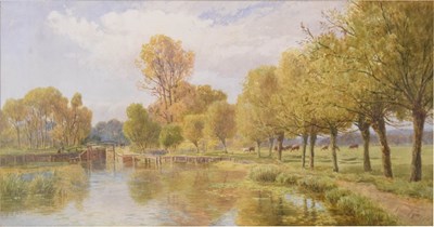 Lot 484 - Thomas Pyne (1843-1935) - Watercolour - Riverside scene with lock