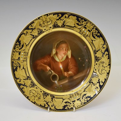 Lot Vienna type painted porcelain cabinet plate 'Madchen Blumen begiessend' after Gerard Dou