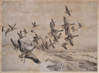 Lot 486 - Winifred Marie Louise Austin (1876-1964) - Artist proof aquatint - Flock of flying geese