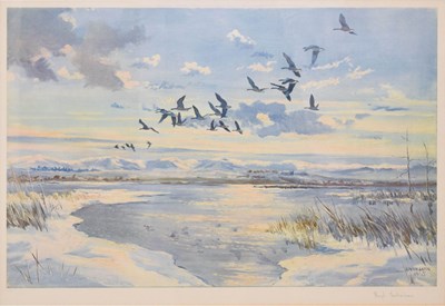 Lot 479 - Hugh Monahan (Irish, 1914-1970) - Signed print - 'Greylags on the loch'