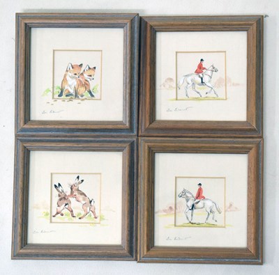 Lot 482 - Set of four miniature watercolours - Country pursuits (hunting, foxes, hares)