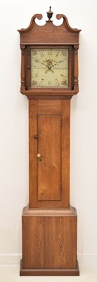 Lot 494 - Early 19th century oak-cased 30-hour painted dial longcase clock, Jno. Tickell, Kingsbridge