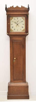 Lot 495 - Early 19th century oak-cased 30-hour painted dial longcase clock, Shaftesbury maker