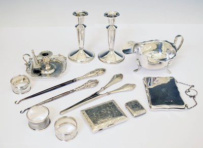 Lot 179 - George VI silver sauceboat, pair of Elizabeth II dwarf candlesticks, George IV chamberstick, etc