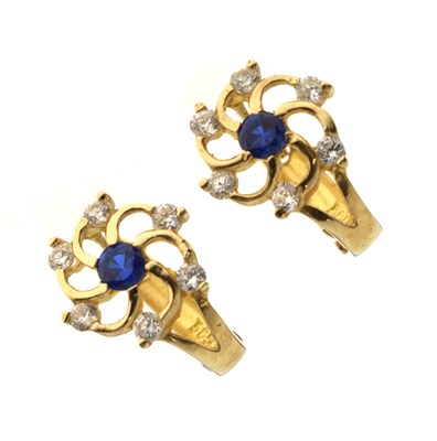 Lot 119 - Pair of yellow metal earrings set white and blue stones, stamped '585'