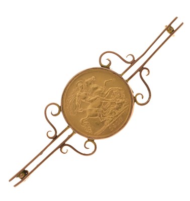 Lot 214 - George V gold half sovereign, 1912, in a yellow metal bar brooch mount
