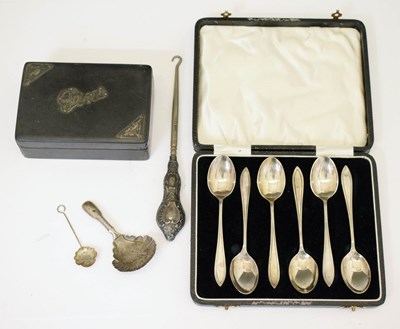 Lot 180 - Set of six George V silver teaspoons, button hook, Victorian silver mounted ebony box, etc