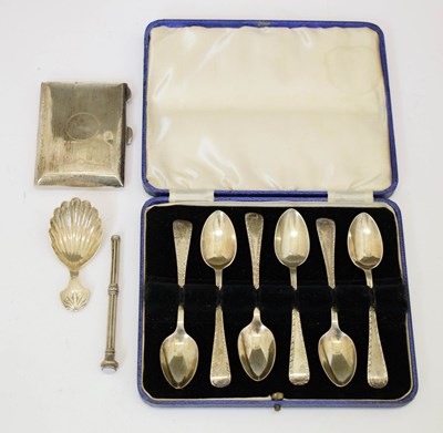 Lot 184 - Edward VII silver cased set of six bright cut teaspoons, George V cigarette case, etc