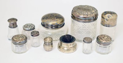 Lot 185 - Collection of silver-lidded glass dressing table requisites, etc