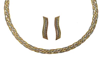 Lot 82 - Tri-colour gold necklace, stamped 585 and pair of tri-colour gold drop earrings (2)