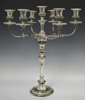 Lot Late 19th century silver plated six-branch, seven-light candelabrum