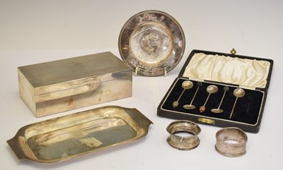 Lot 203 - Collection Elizabeth II silver items, alms dish, tray, table top box, etc
