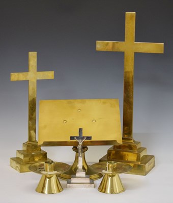 Lot 305 - Church wares - Brass lectern, brass cross, and a white metal crucifix