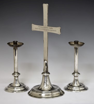 Lot Elizabeth II silver altar set comprising a pair of candlesticks and an altar cross