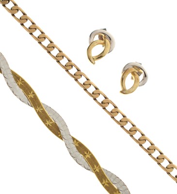 Lot 87 - Two 9ct gold bracelets and a pair of ear studs (3)