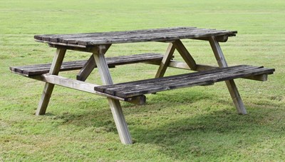 Lot 555 - Large six seater wooden picnic table