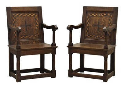 Lot 441 - Pair of early 20th century inlaid oak open arm armchairs