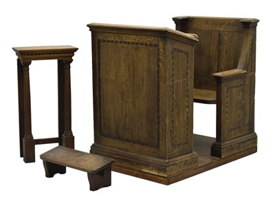 Lot 442 - Early 20th century inlaid oak Ecclesiastical combination chair and lectern