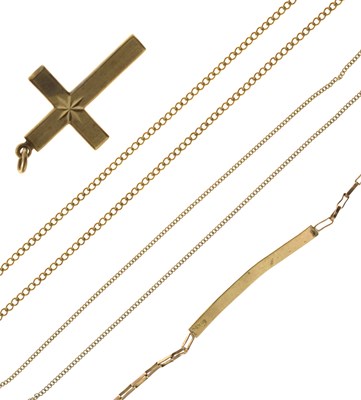 Lot 68 - 9ct gold cross pendant, ID bracelet and two chains