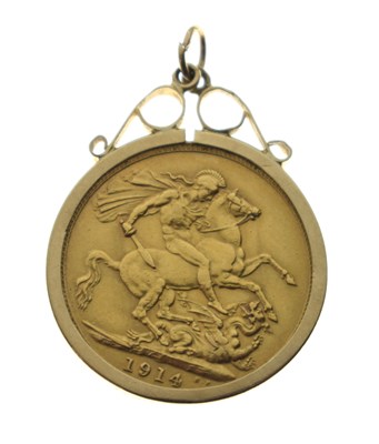 Lot 170 - George V gold sovereign, 1914, in 9ct gold mount