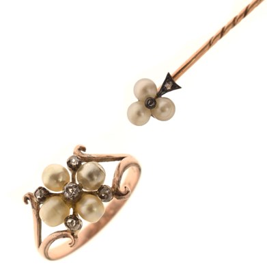 Lot 38 - 19th century pearl and diamond ring plus similar stick pin (2)
