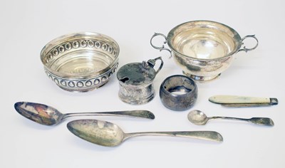 Lot 141 - George V twin handled bowl, a Victorian silver and mother-of-pearl folding fruit knife, etc