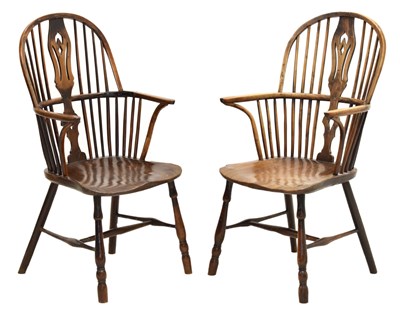 Lot 444 - Near pair of 19th century yew and elm hoop back Windsor chairs