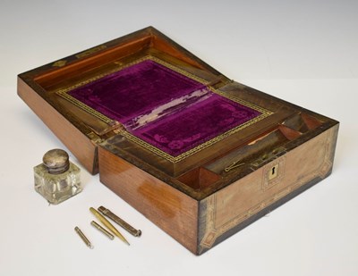 Lot 222 - Victorian inlaid walnut lap desk, plus inkwell and assorted pens & pencils