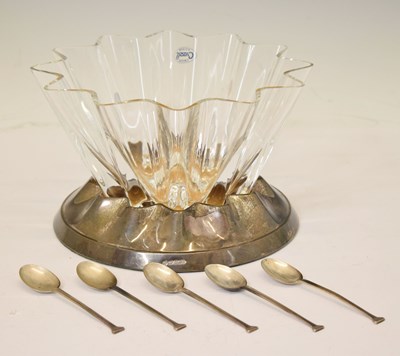 Lot 159 - Elizabeth II silver stand with handkerchief glass vase, and five silver teaspoons