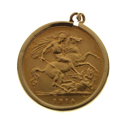 Lot 174 - George V gold half sovereign, 1914, in 9ct gold mount