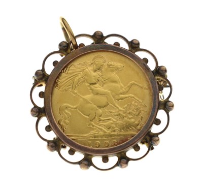 Lot 173 - Edward VII gold half sovereign, 1908, in 9ct and gilt metal mount