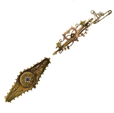 Lot 54 - Victorian sapphire and diamond 15ct gold brooch and an Edwardian 9ct gold sweetheart brooch