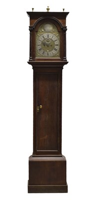 Lot Mid-18th century oak-cased 8-day brass dial longcase clock, James Delaunce, Frome