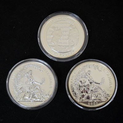 Lot 178 - Two Queen Elizabeth II silver Britannia coins, 2007, and a Gibraltar £5 coin