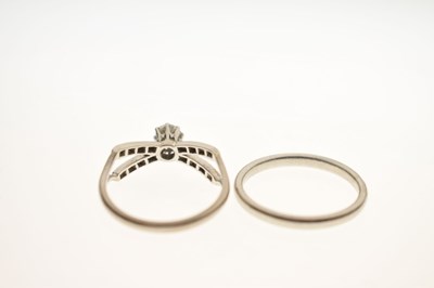 Lot 21 - Art Deco diamond single stone white metal ring and a platinum wedding band