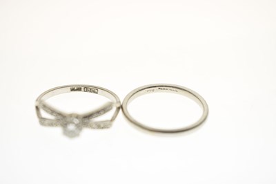 Lot 21 - Art Deco diamond single stone white metal ring and a platinum wedding band