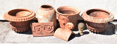 Lot 555 - Pair of Victorian terracotta garden urns with relief decoration