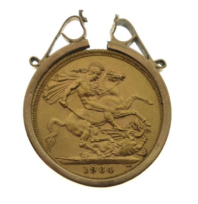 Lot 171 - Elizabeth II gold sovereign, 1964, in 9ct gold pendant mount