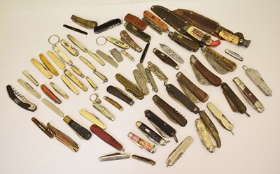 Lot 198 - Collection of folding knives with parquetry inlaid box