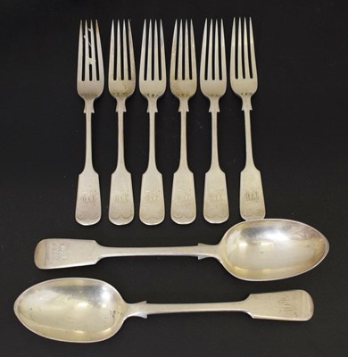 Lot 148 - Pair of late Victorian silver Fiddle pattern serving spoons and a set of six tableforks
