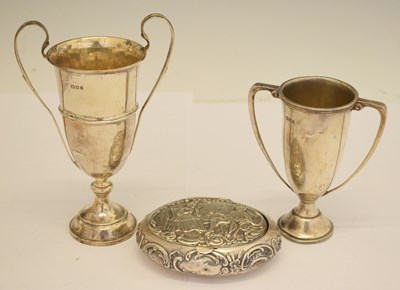Lot 134 - Late Victorian silver table snuff box and two silver trophy cups