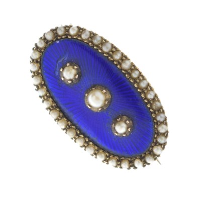 Lot 57 - Victorian blue guilloche enamel and seed pearl brooch